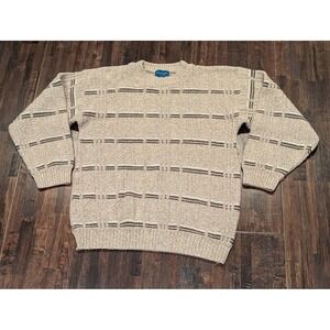 Vintage Towncraft Sweater Mens Med Beige 3D Textured Knit Crewneck Made USA 90s